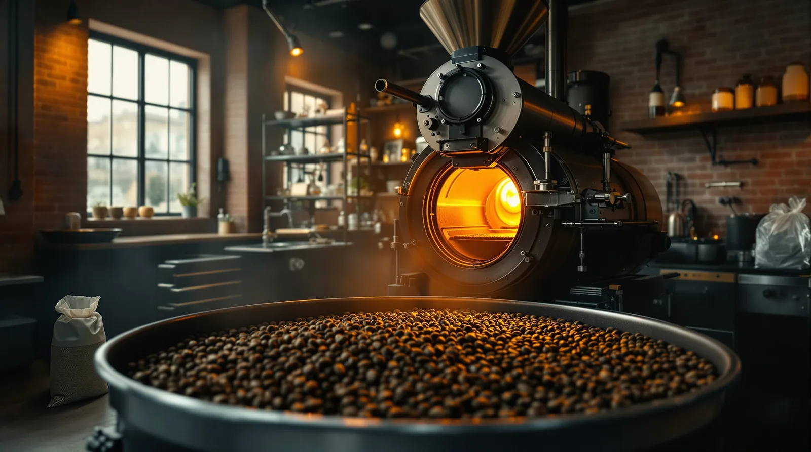 interior of a small-batch coffee roastery in Berlin, Germany, drum roaster glow