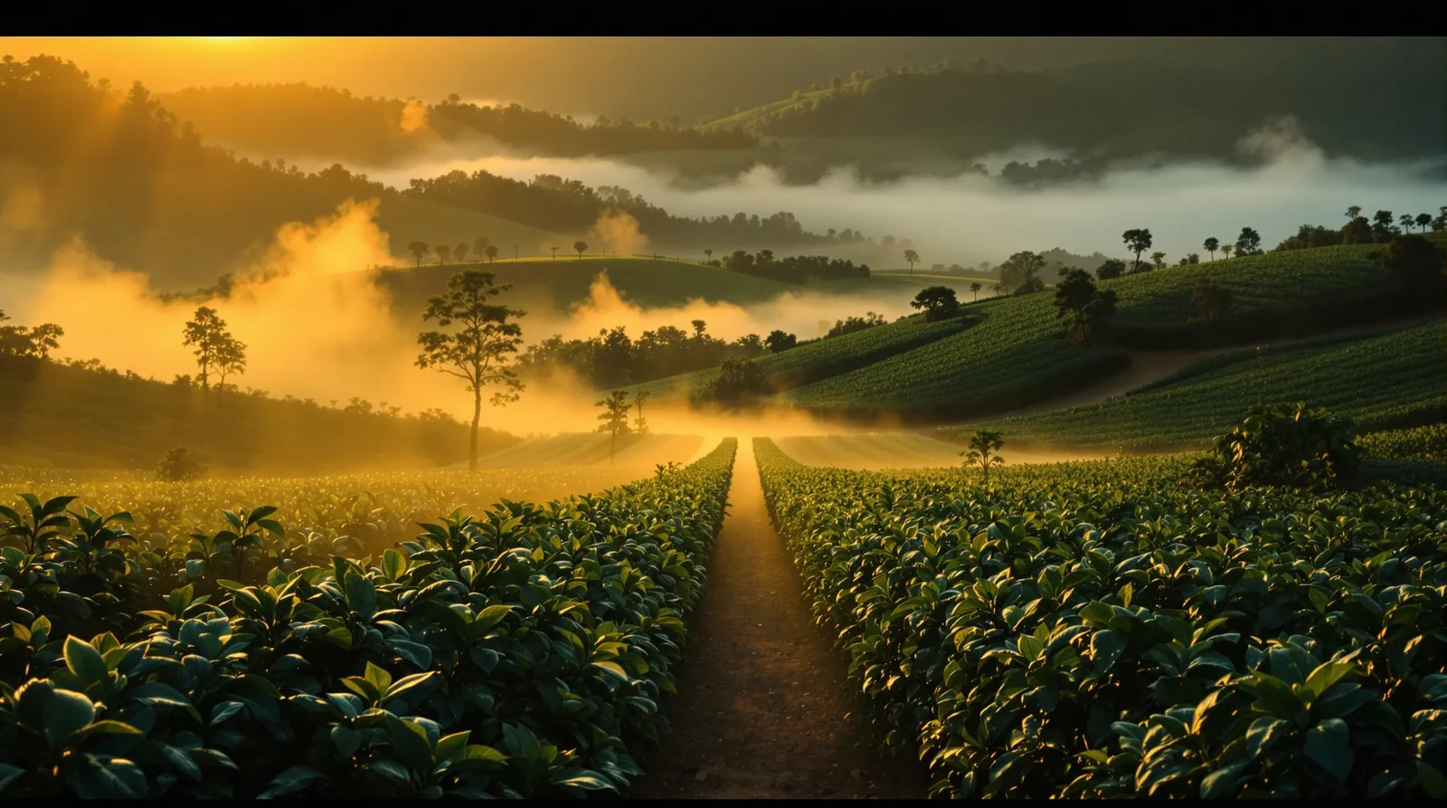 brazilian coffee plantation at golden hour, mist rising.
