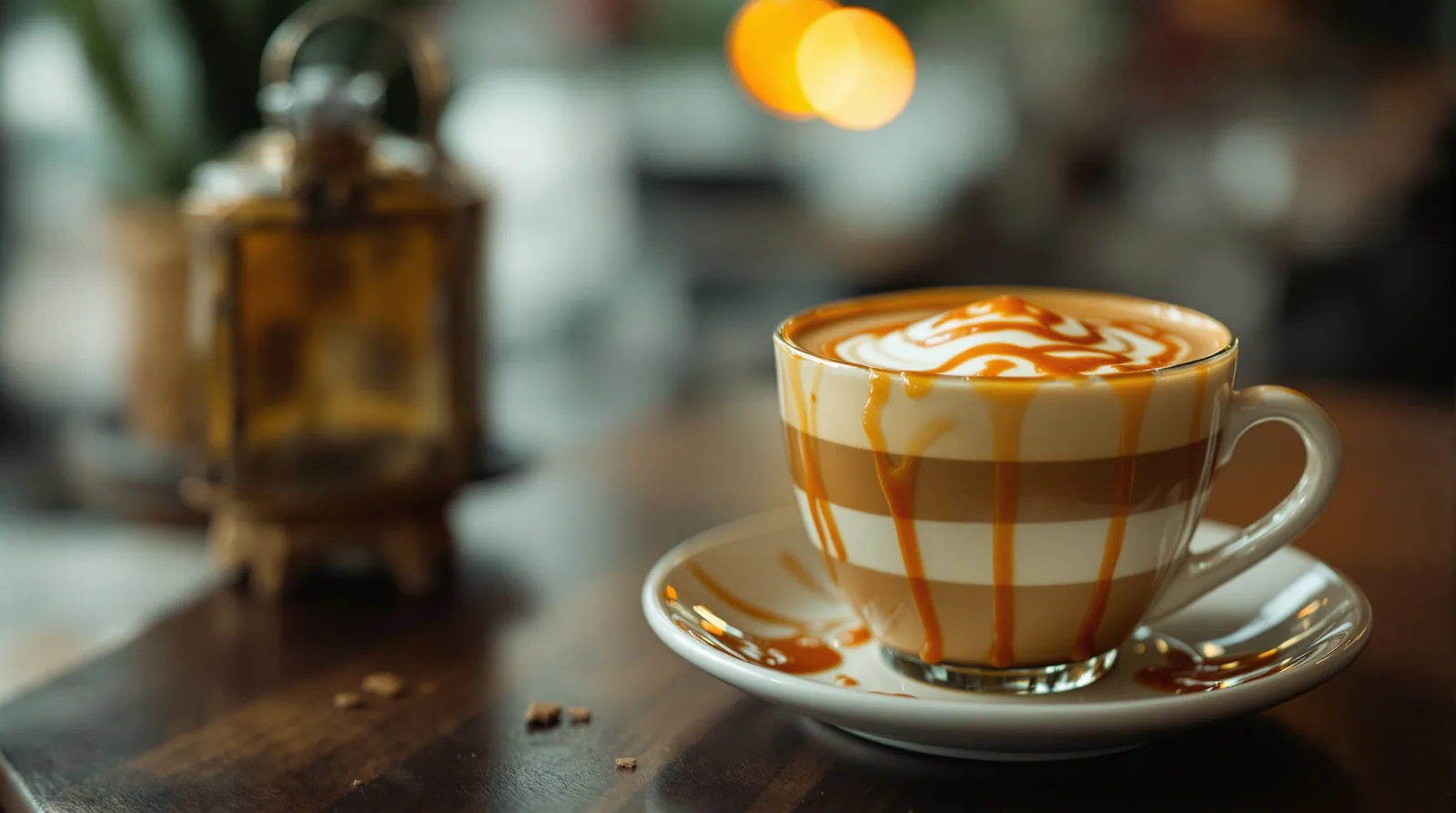 caramel macchiato with caramel drizzle in a cozy cafe.