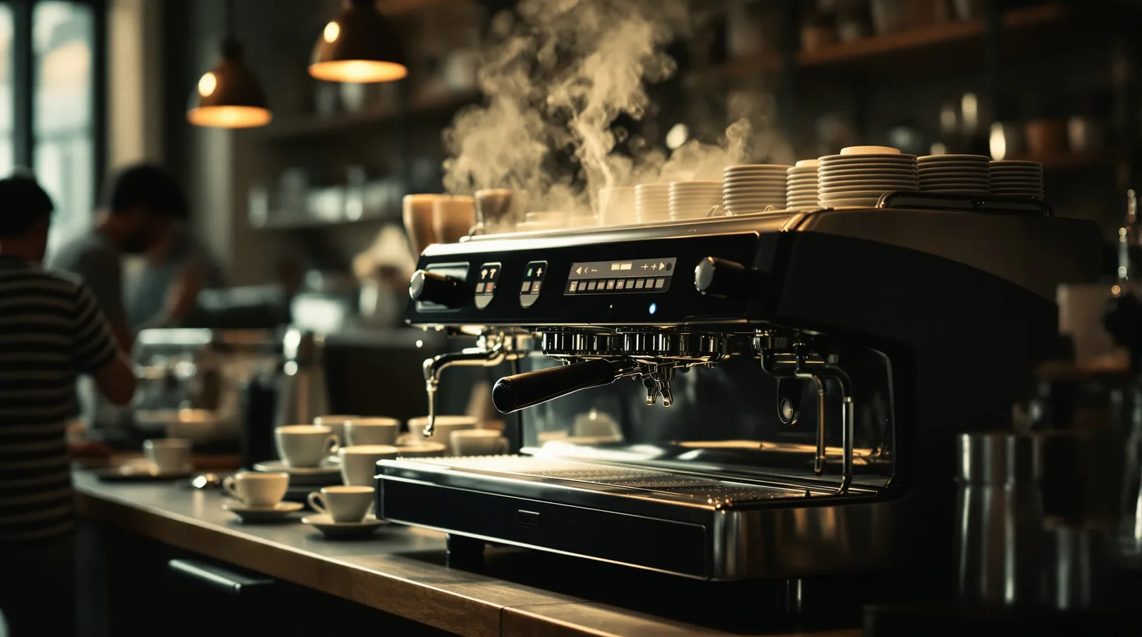 3-group espresso machine in a busy cafe setting