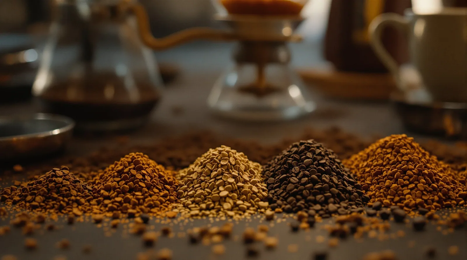 various coffee grind sizes next to coffee brewing tools.
