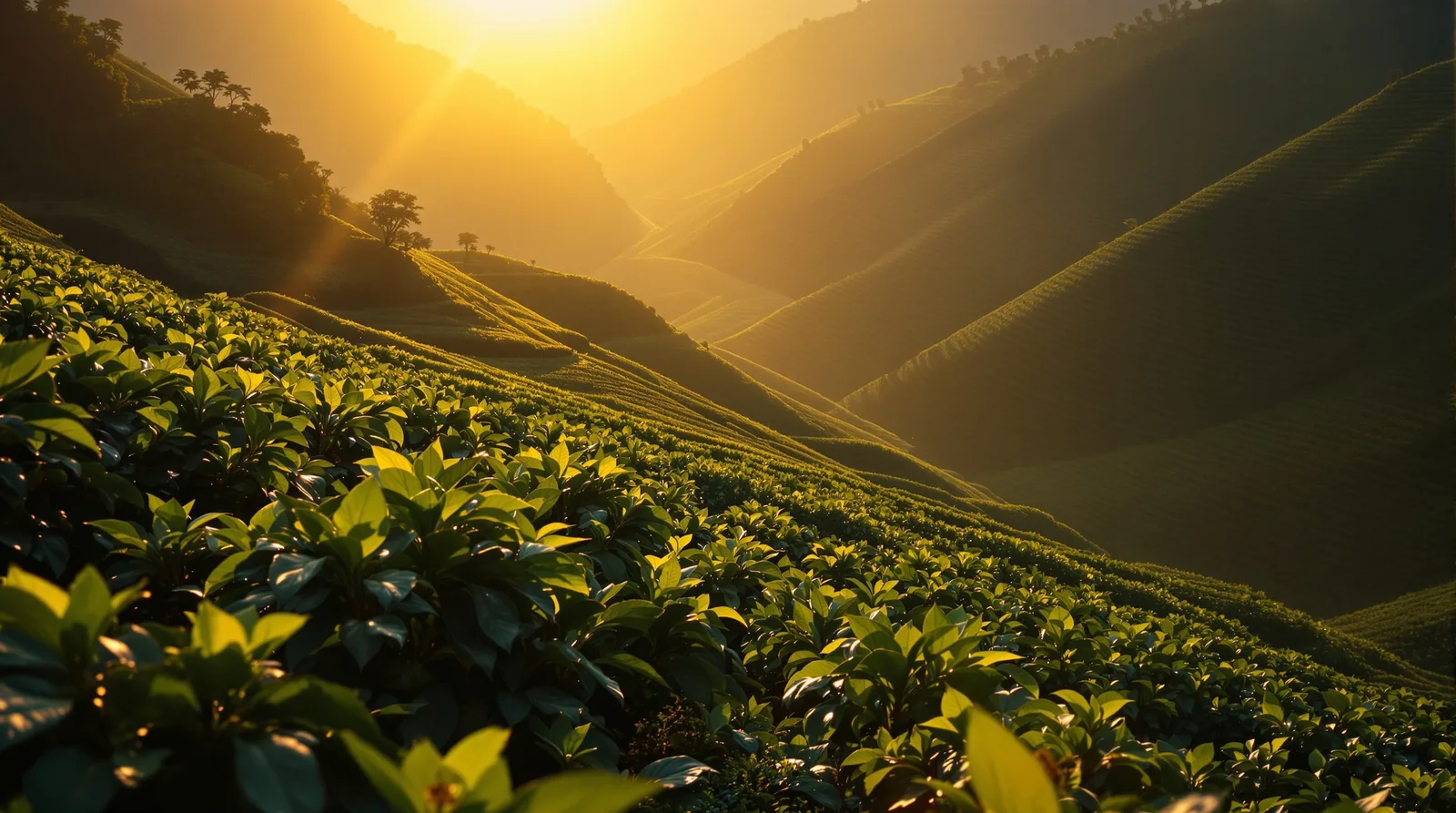 colombian coffee farm in tolima during golden hour.