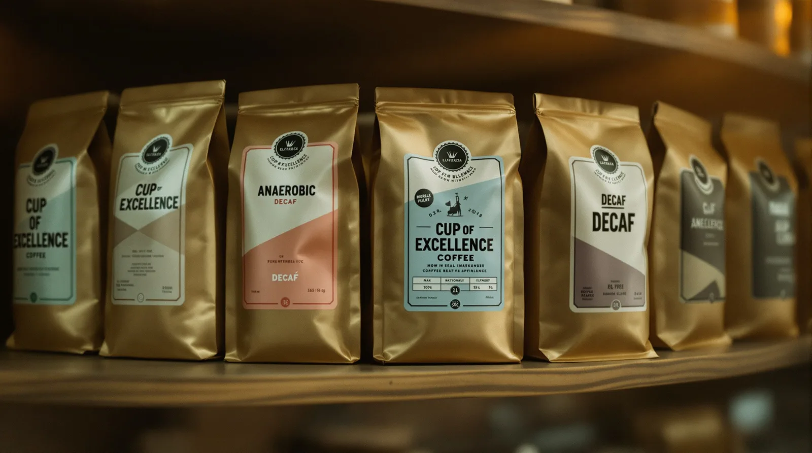 coffee bags with specialty labels in warm light on a shelf.