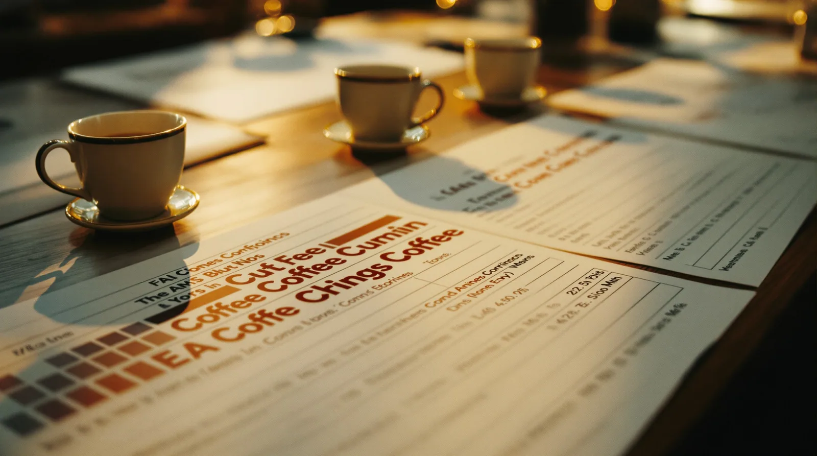 coffee cupping table with cups and scoring sheets in golden light.