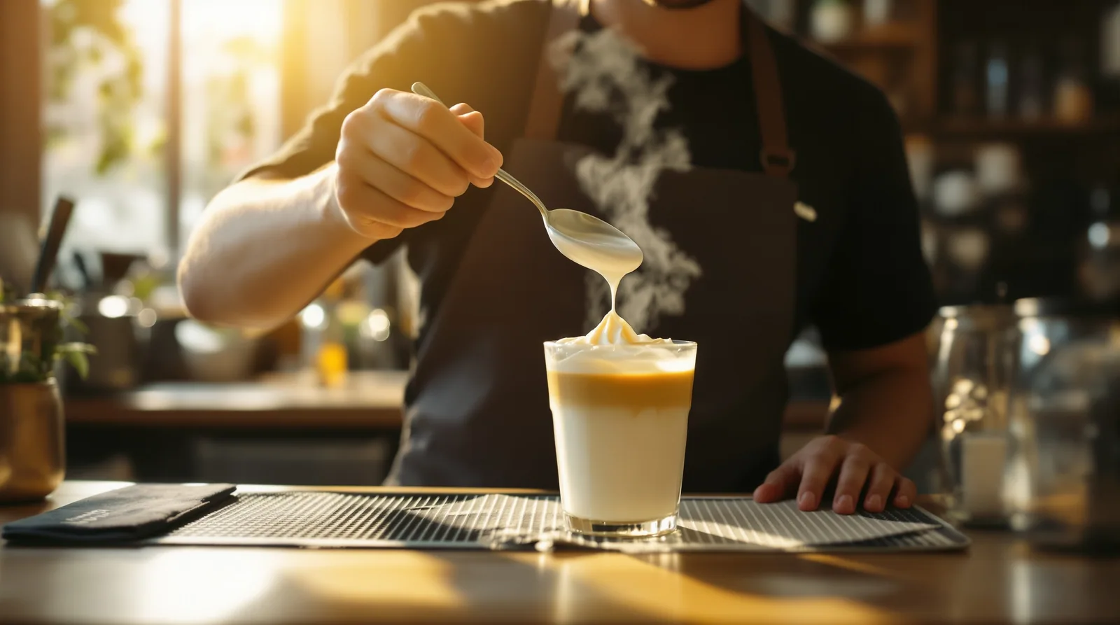 barista making dalgona coffee in a sunlit london cafe.