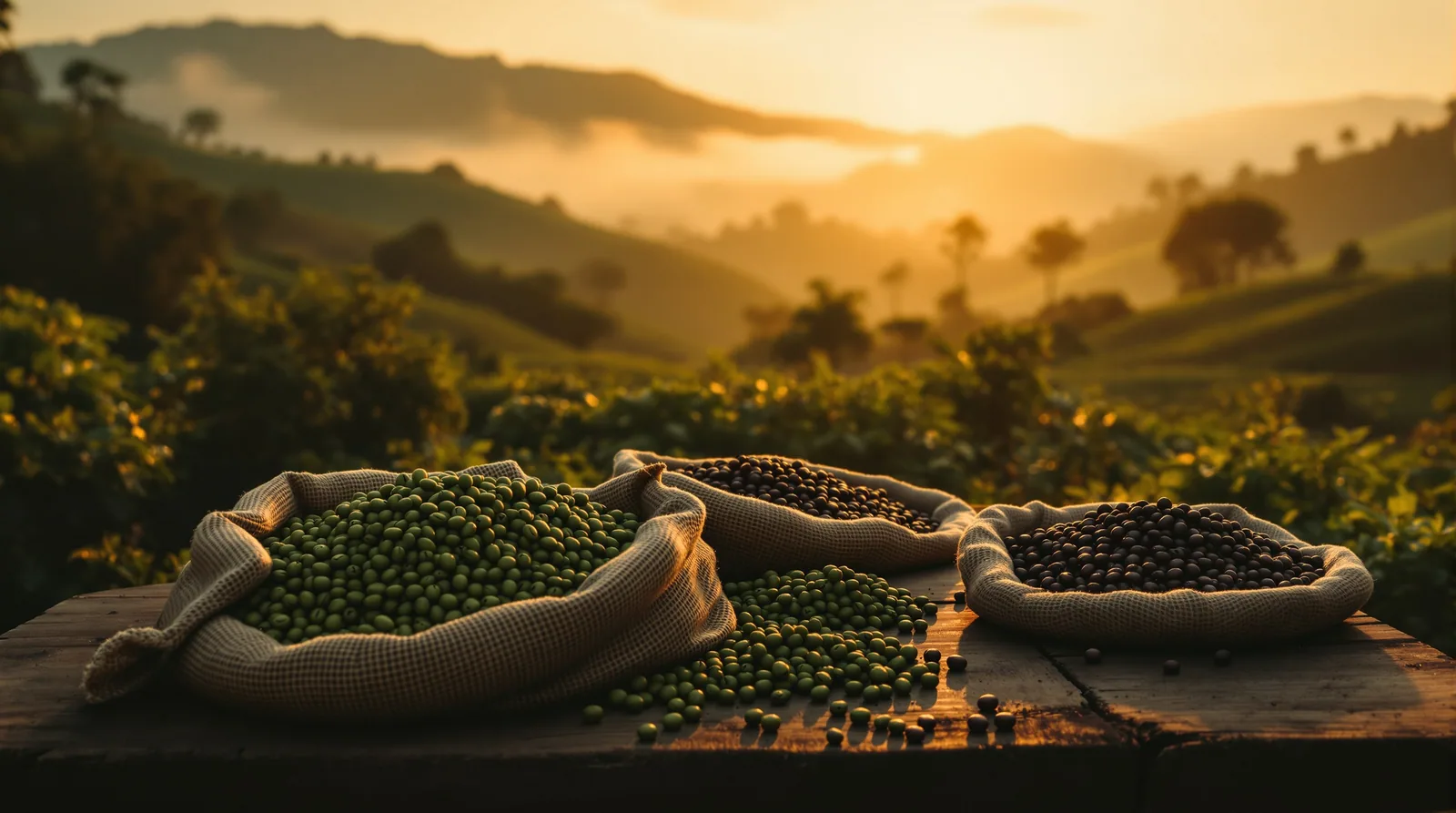 golden hour over a coffee farm with burlap sacks.