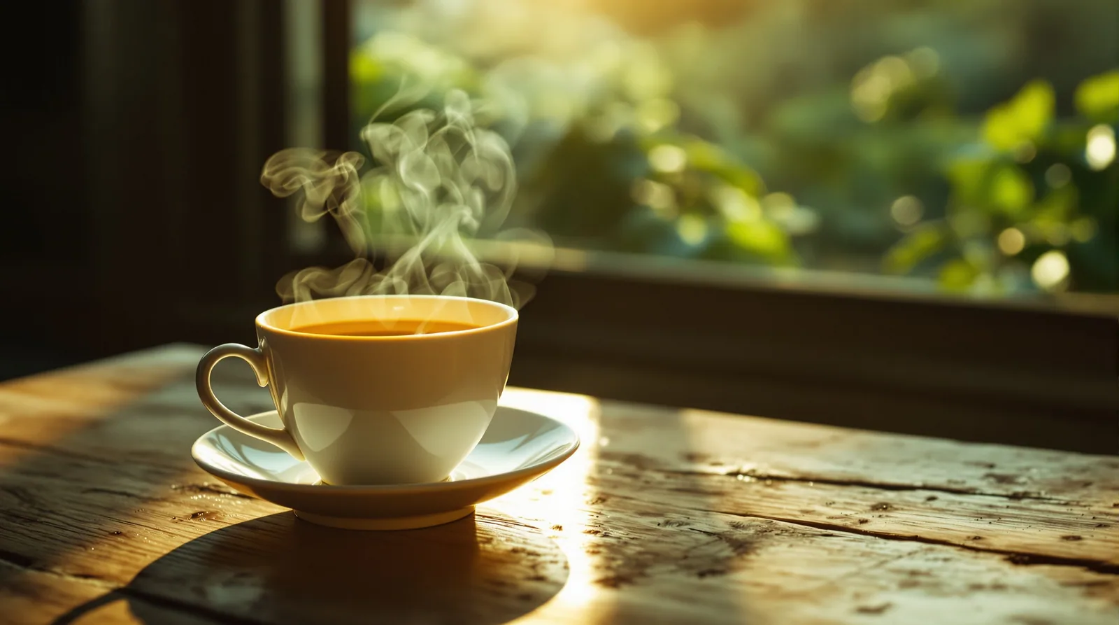 steaming cup of gesha coffee with lush greenery background