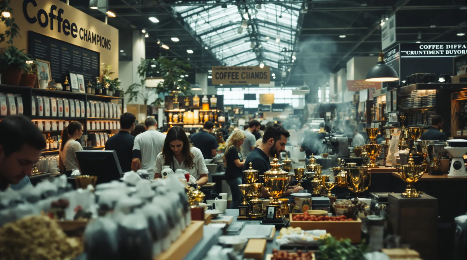 coffee trade show with booths, beans, and trophies.