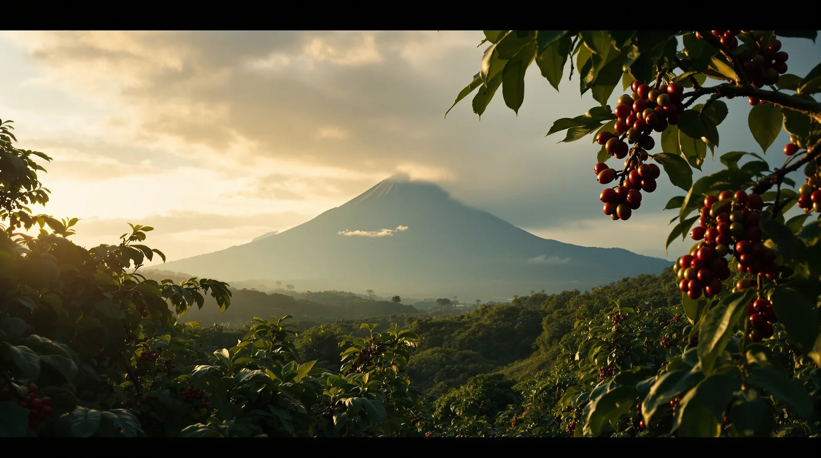 guatemalan coffee plantation in acatenango valley with fuego volcano