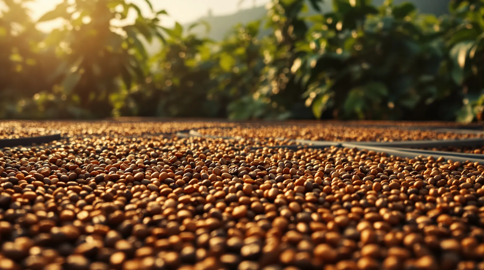 close-up of honey processed coffee beans drying on beds.