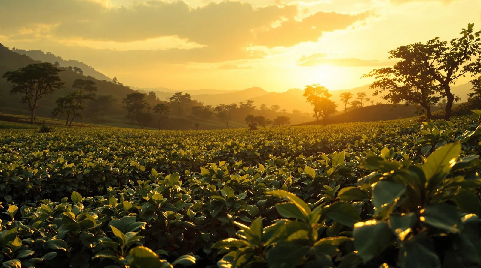 ethiopian coffee farm at sunrise, arabica plants in fields.