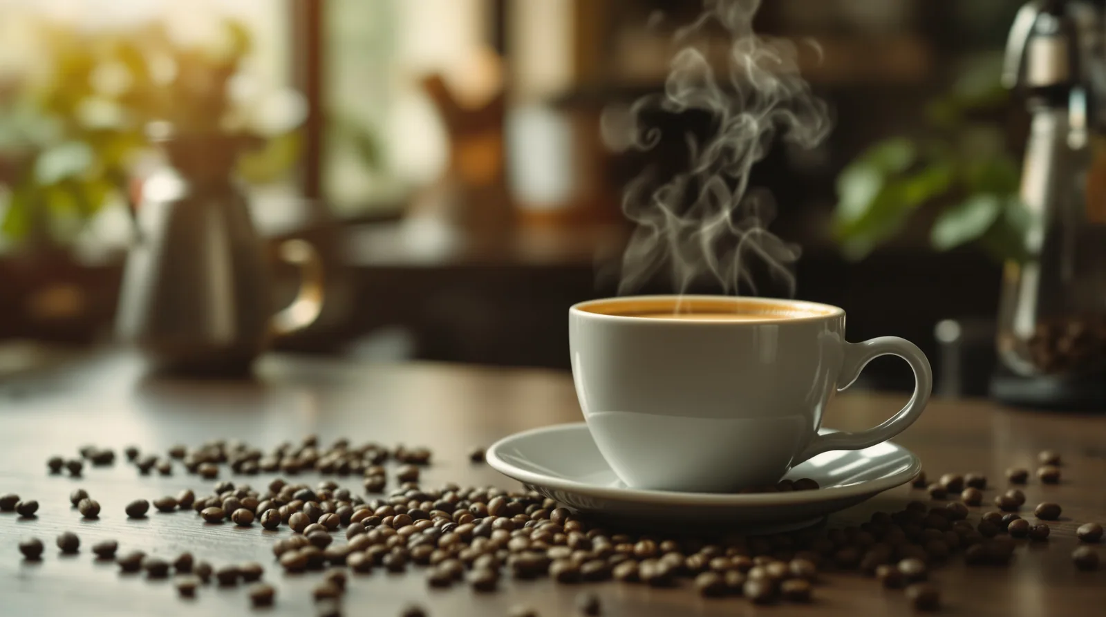 a cup of decaf coffee beside green coffee beans.