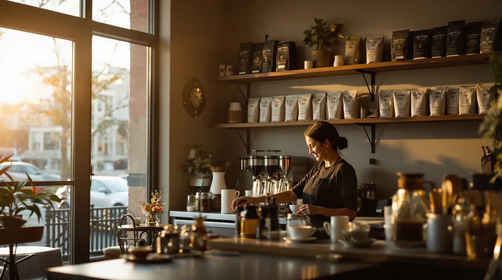 independent coffee shop with warm lighting and latte art in progress.