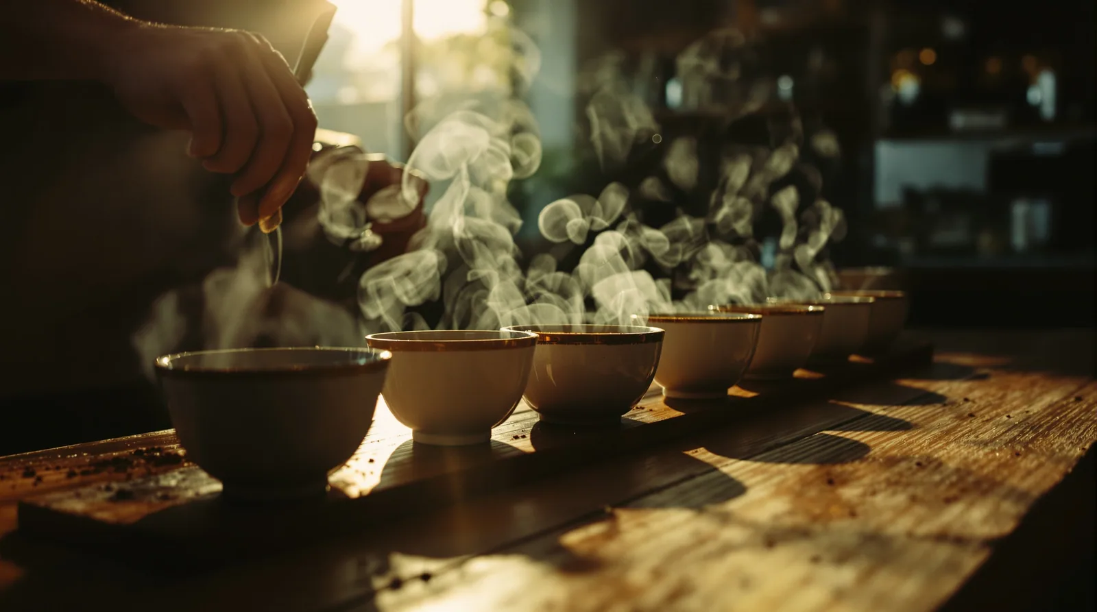 coffee cupping session with bowls and spoons on a wooden table.