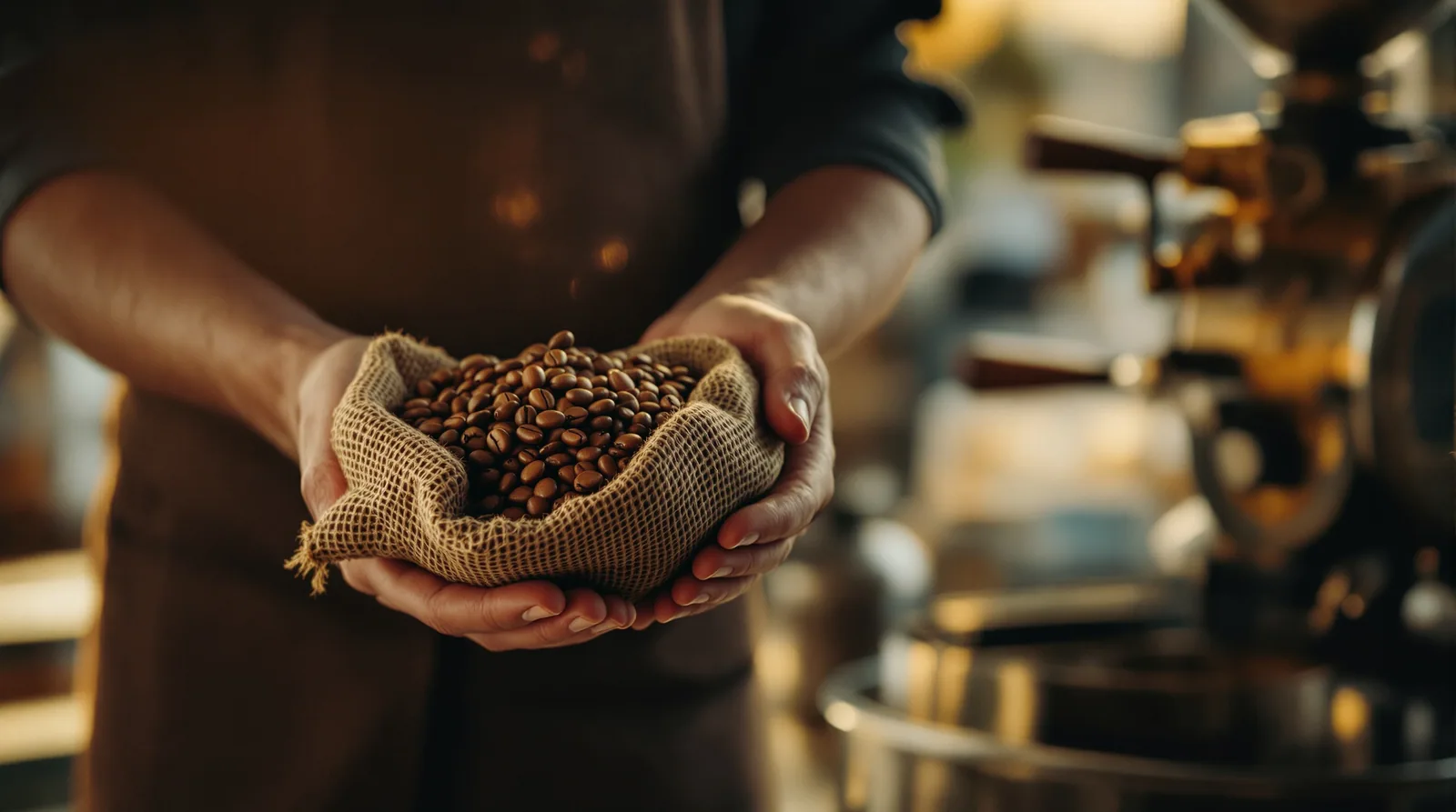 barista holding coffee beans beside a vintage roaster