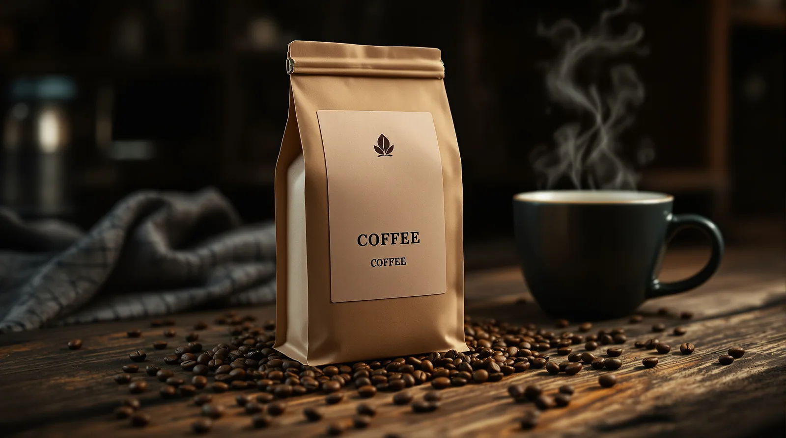 close-up of a coffee bag label with coffee beans and steaming mug.