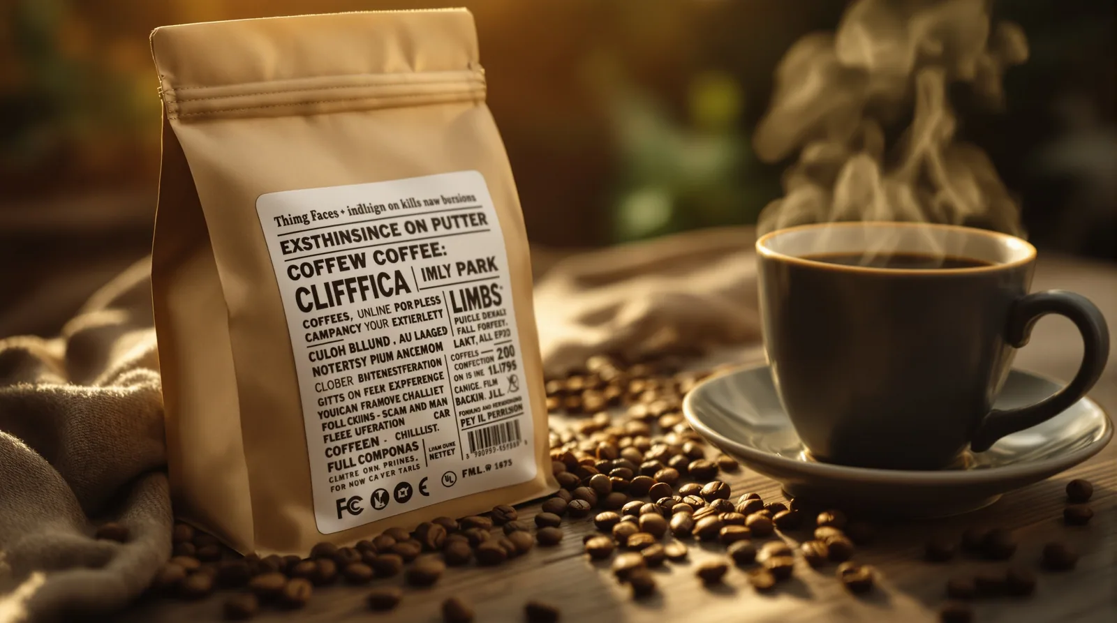 close-up of a coffee bag with visible label surrounded by coffee beans.
