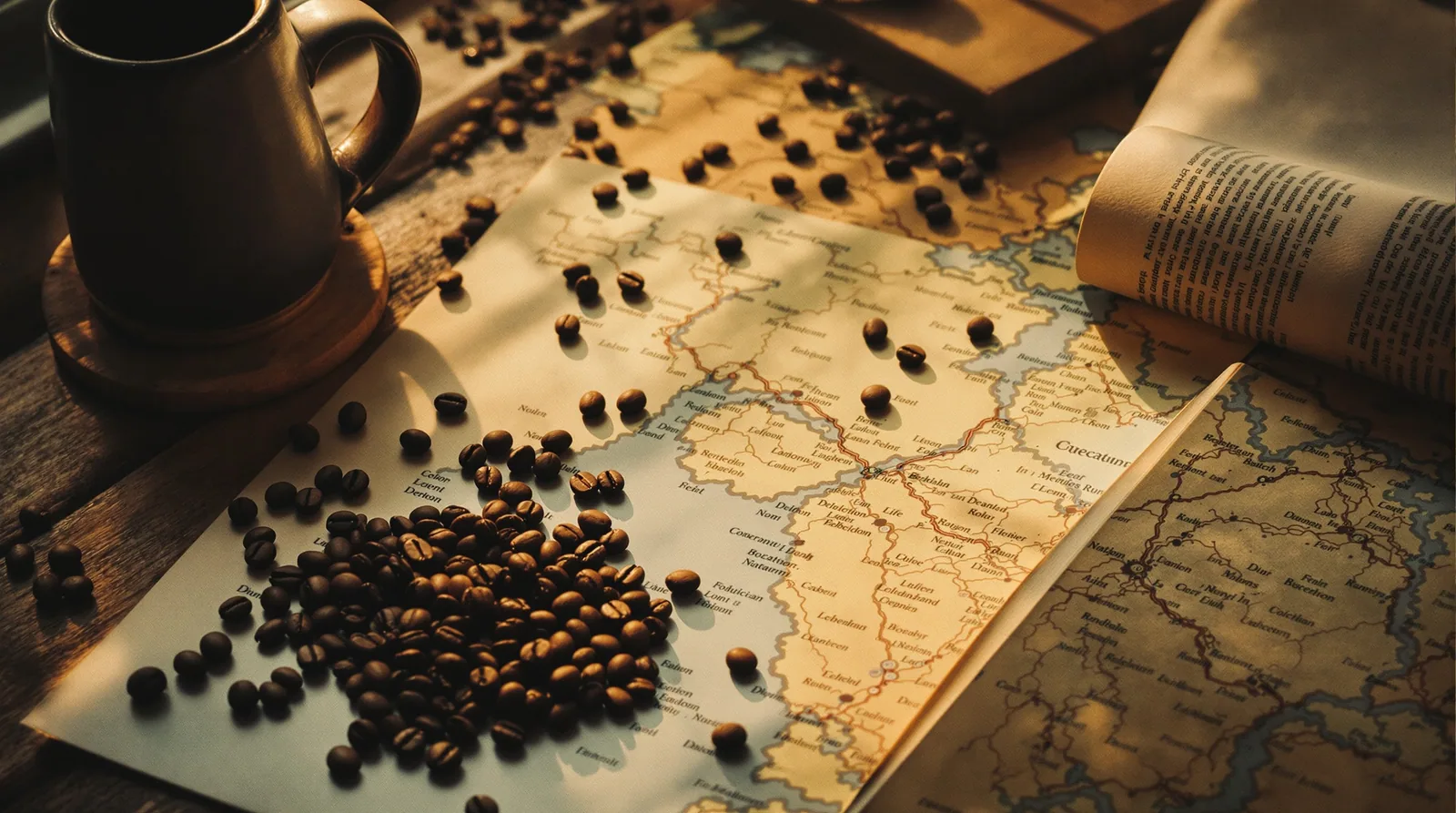 coffee beans with notes and map on a rustic table.