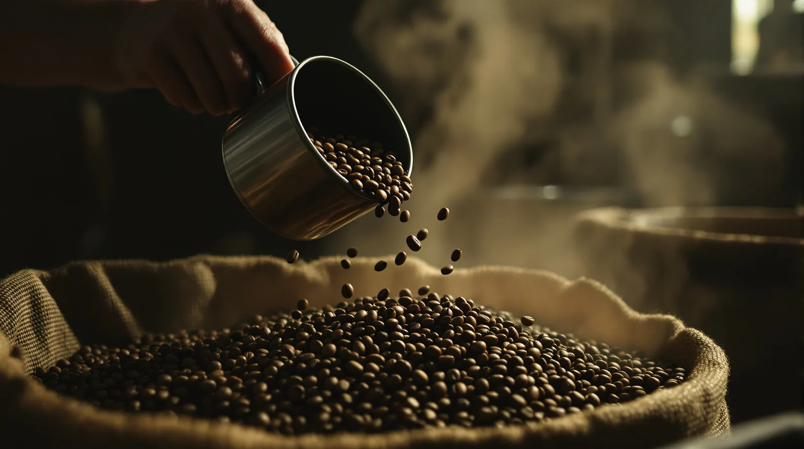 green coffee beans being scooped in a dimly lit roasting room