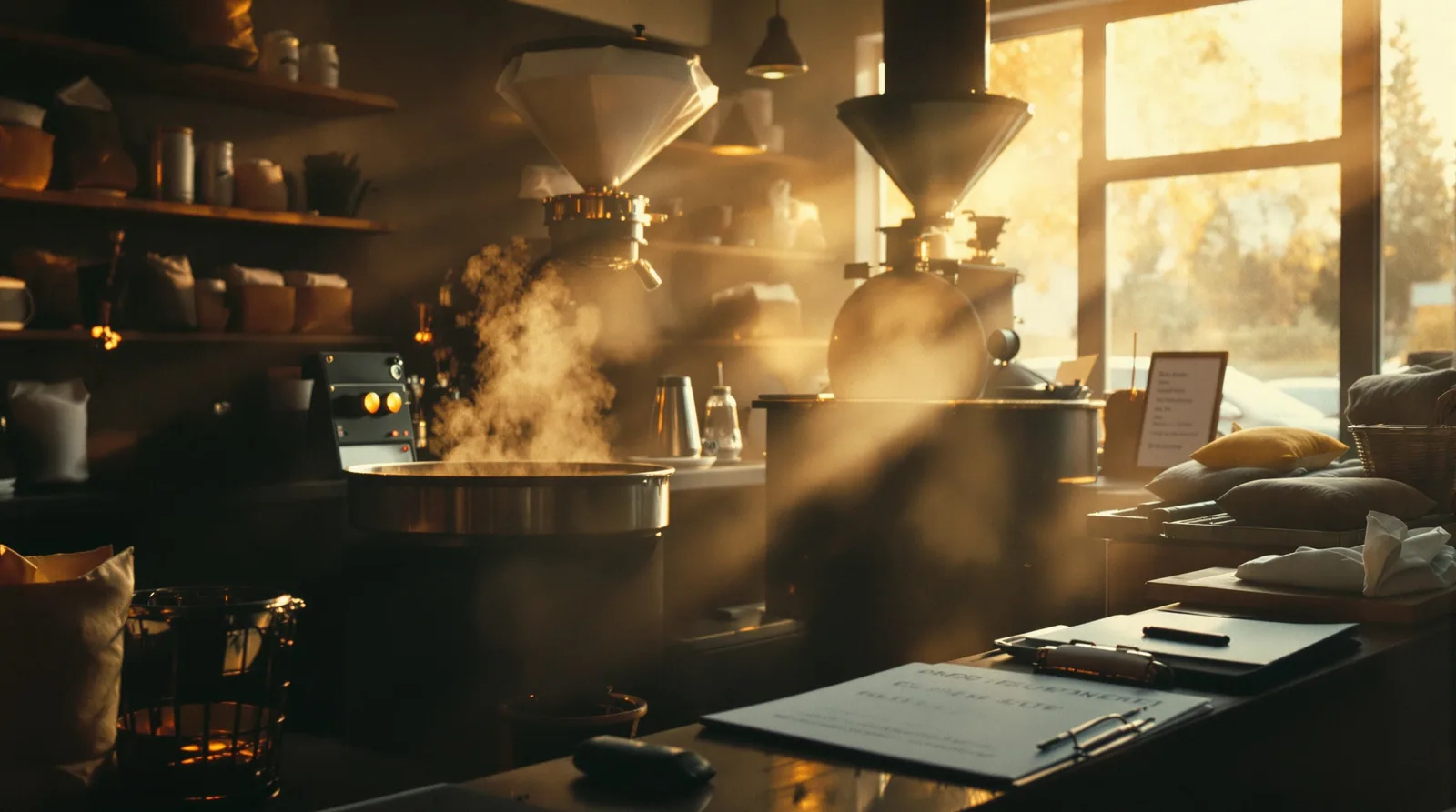a coffee roastery with beans, roasting machine, and notes.
