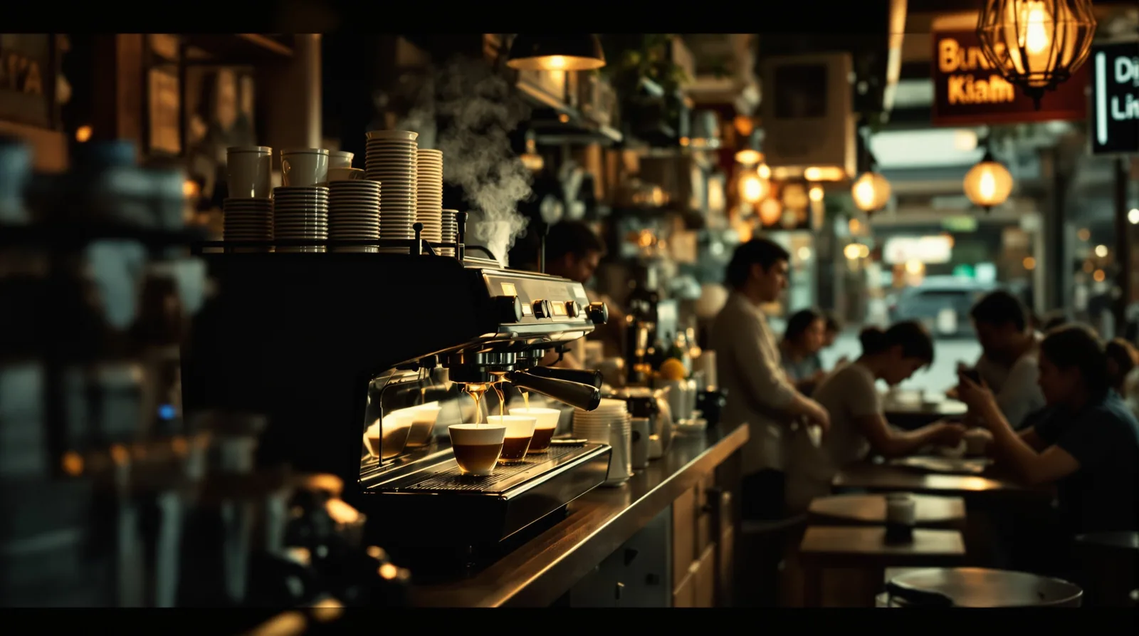 a busy cafe in hanoi with an espresso machine and patrons.