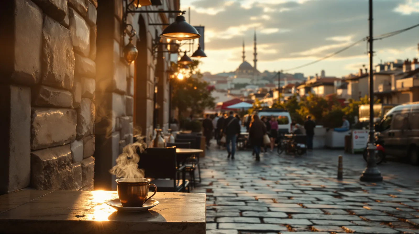 cinematic street scene in Istanbul, Turkey at golden hour, specialty cafe in soft focus