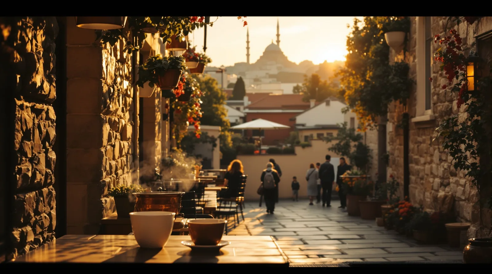 cinematic street scene in Istanbul, Turkey at golden hour, specialty cafe in soft focus