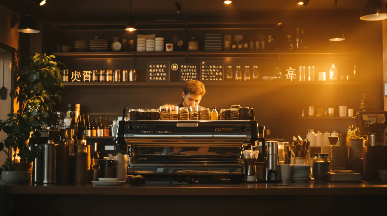 interior of a japanese specialty coffee shop with barista working.