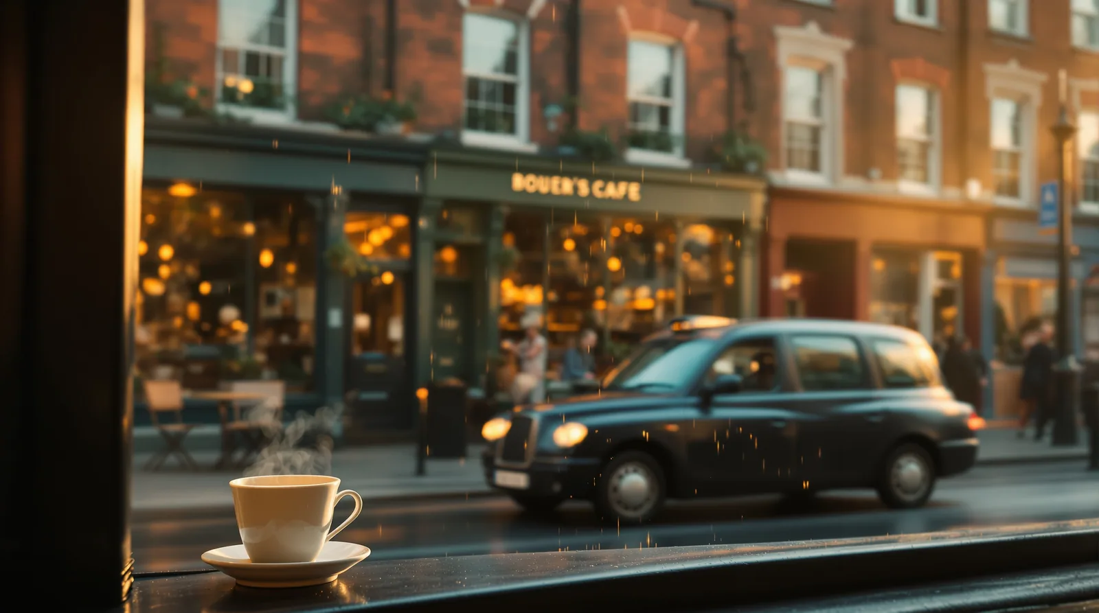 cinematic street scene in London, UK at golden hour, specialty cafe in soft focus