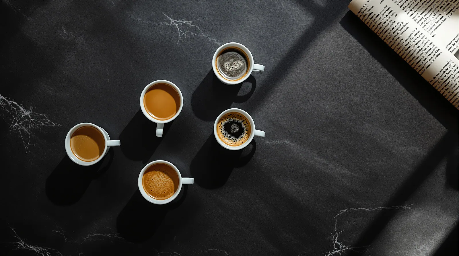 overhead flatlay of espresso cups in a ranked grid, editorial slate background