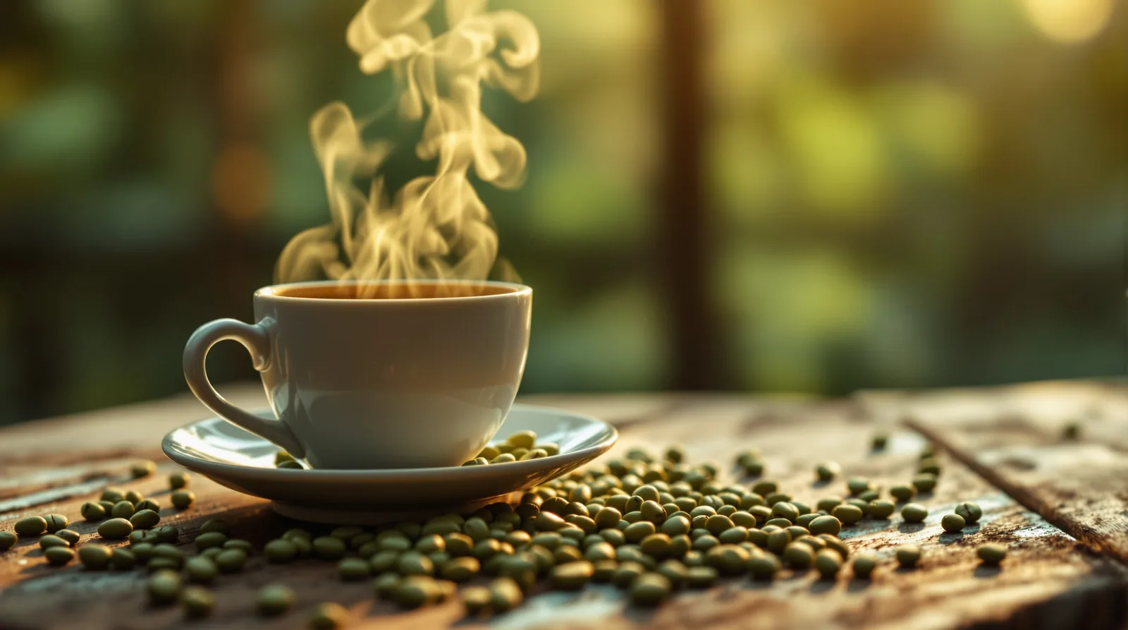 panama geisha coffee cup surrounded by green beans