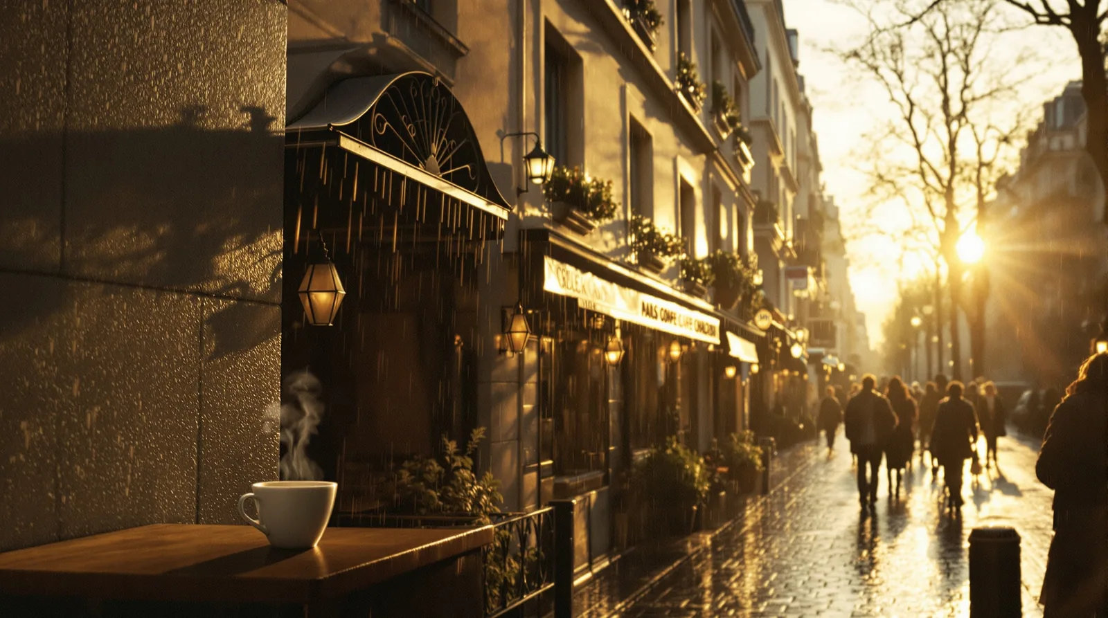 cinematic street scene in Paris, France at golden hour, specialty cafe in soft focus