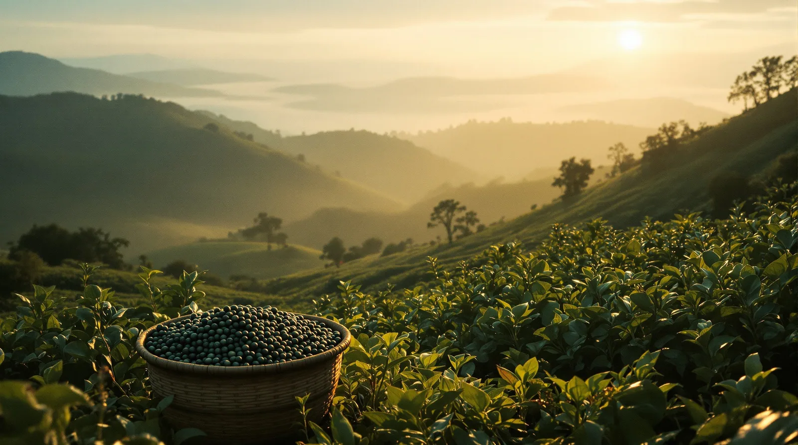 rwandan coffee plantation at golden hour with baskets of cherries.