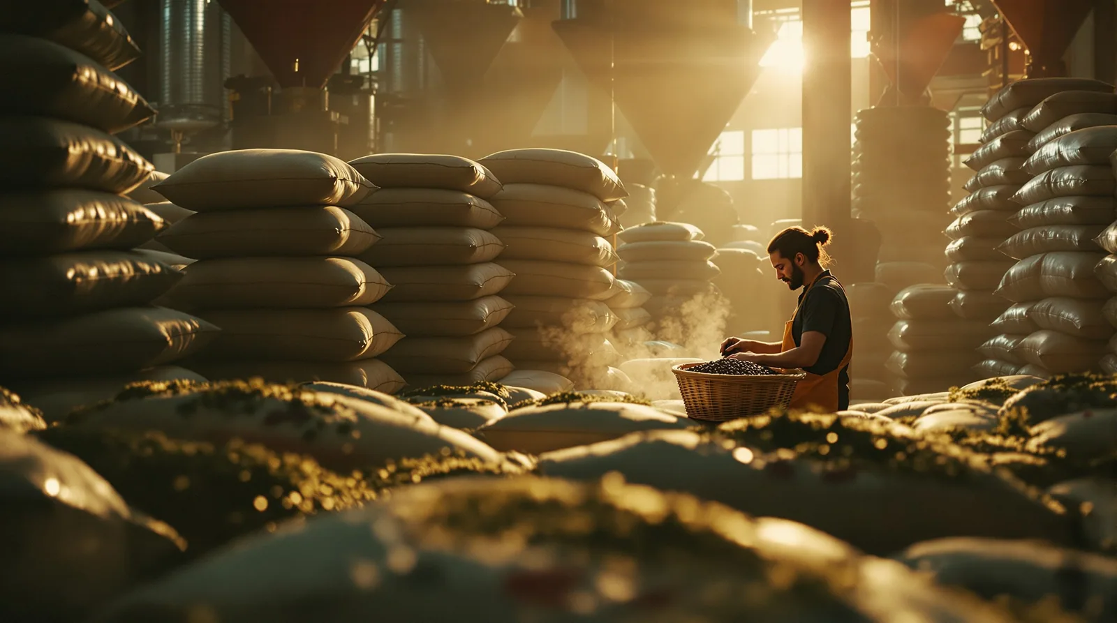 racks of green coffee bags in a warehouse under golden light.