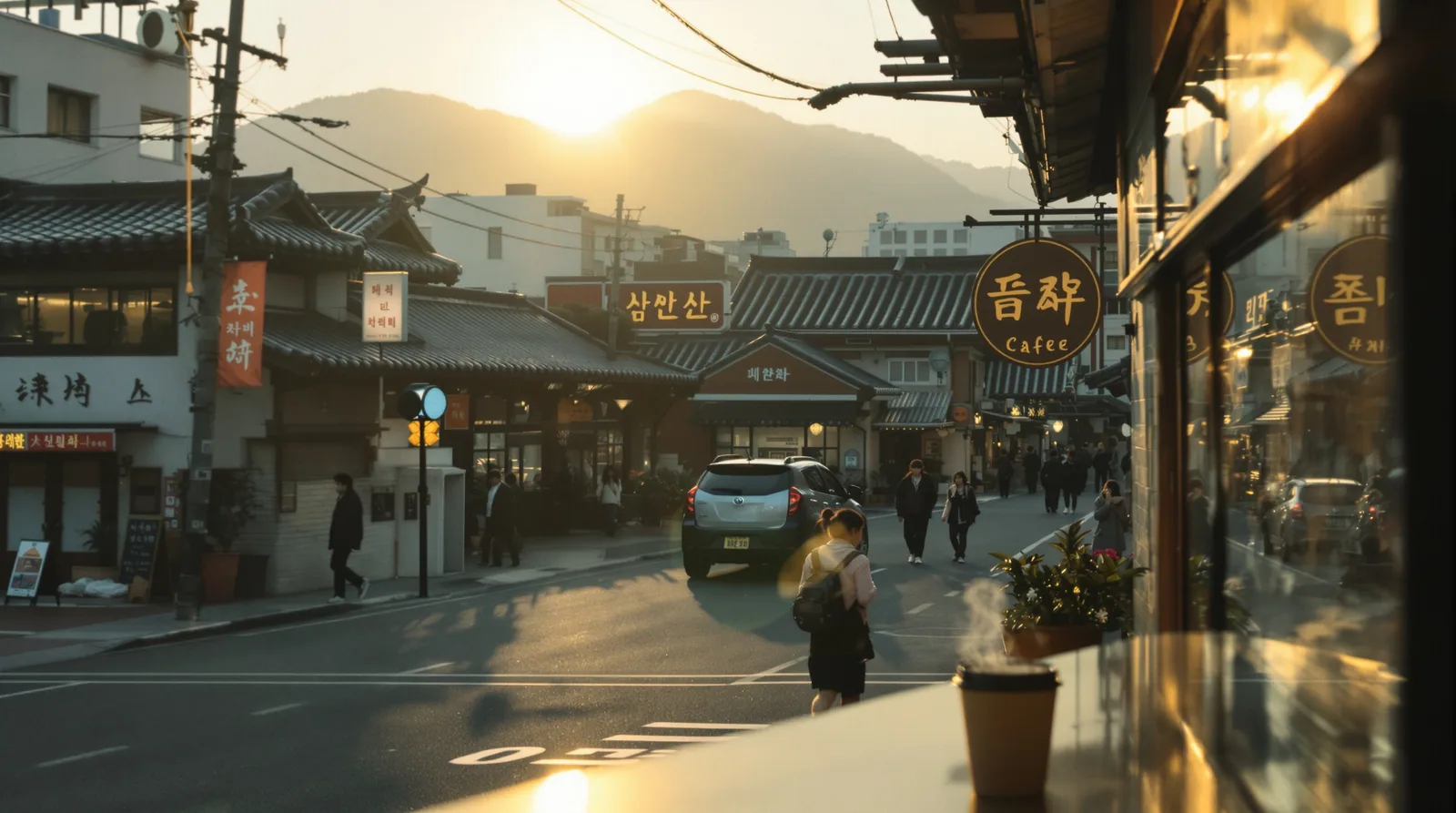 cinematic street scene in Seoul, South Korea at golden hour, specialty cafe in soft focus