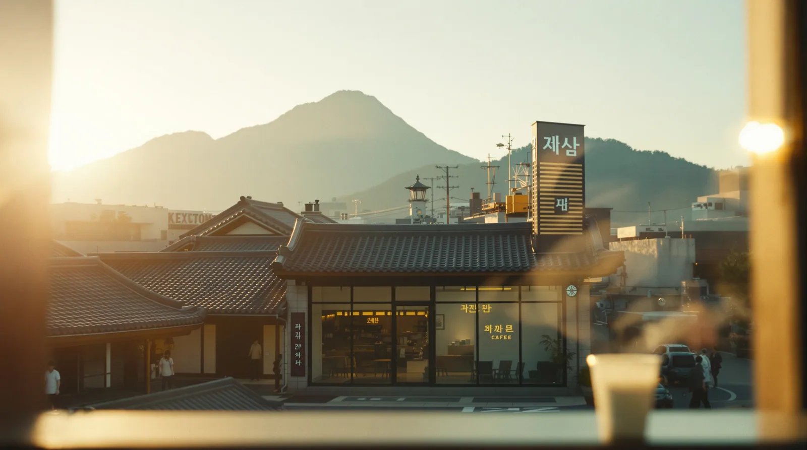 cinematic street scene in Seoul, South Korea at golden hour, specialty cafe in soft focus
