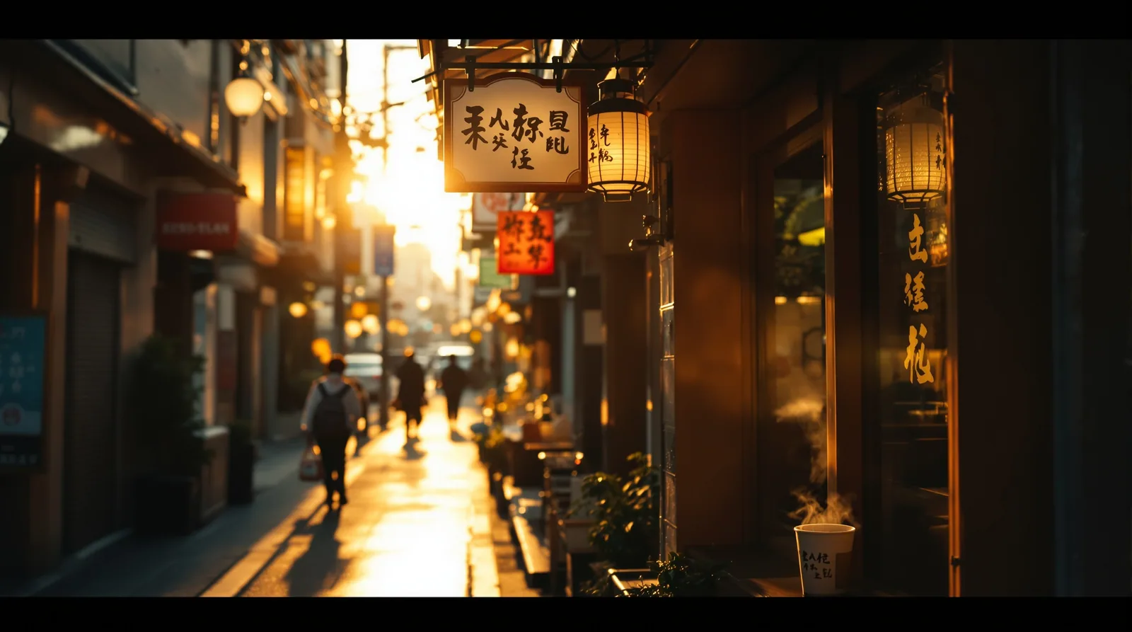 cinematic street scene in Tokyo, Japan at golden hour, specialty cafe in soft focus