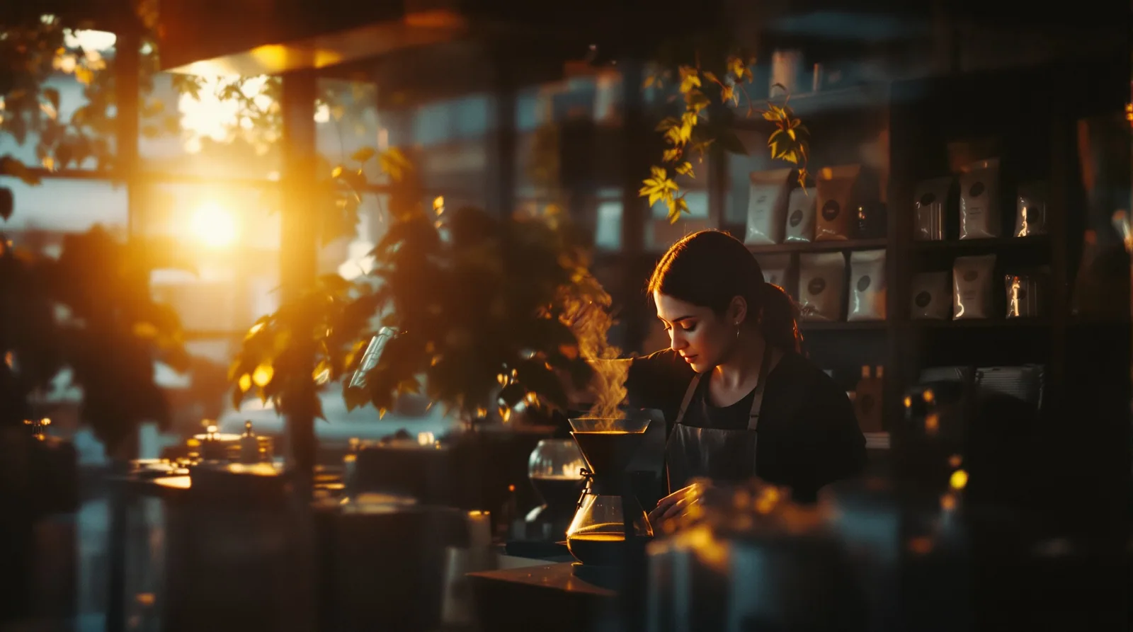 barista preparing a pour-over in a cozy urban cafe.