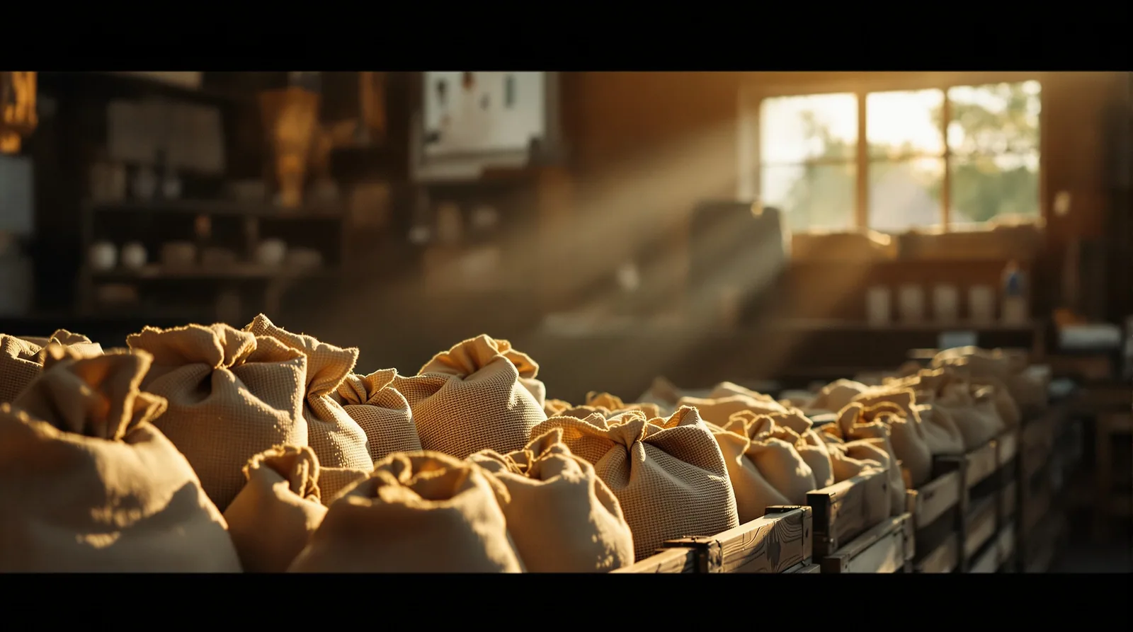 rustic coffee auction setting with burlap bags and wooden crates.