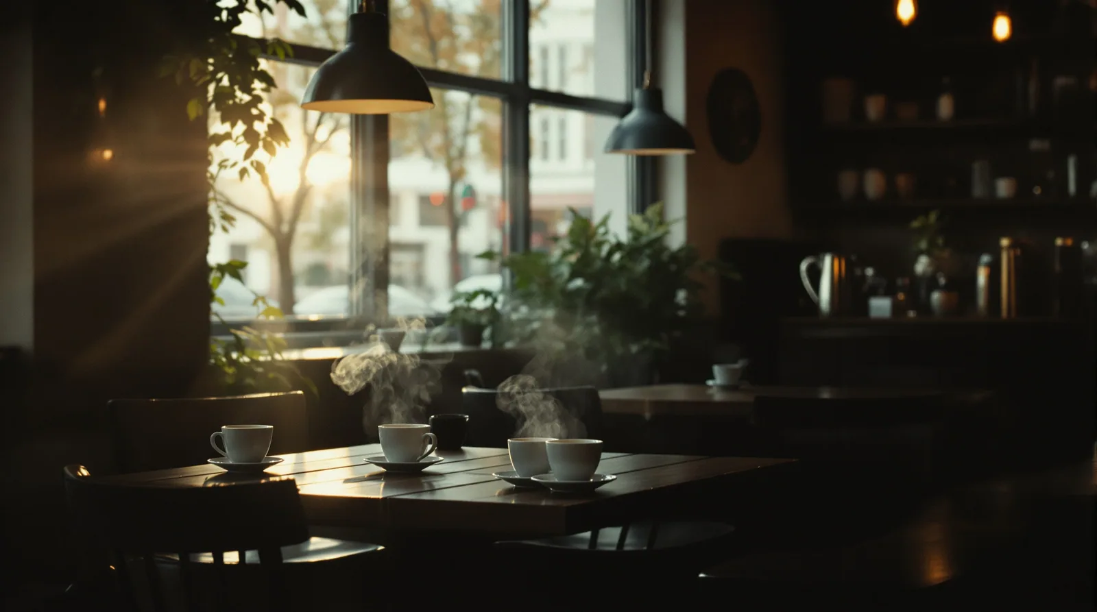 interior of a cozy london coffee shop with steaming cups.