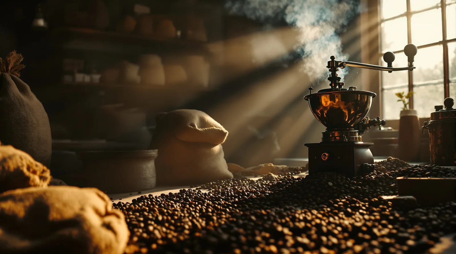 coffee roastery with burlap sacks and beans.
