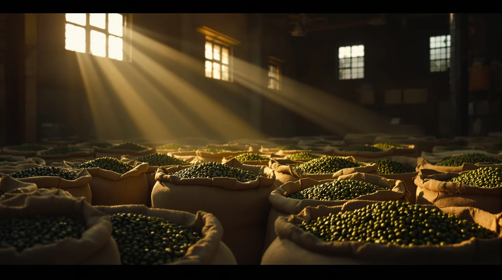 warehouse with jute bags of green coffee beans in golden light.