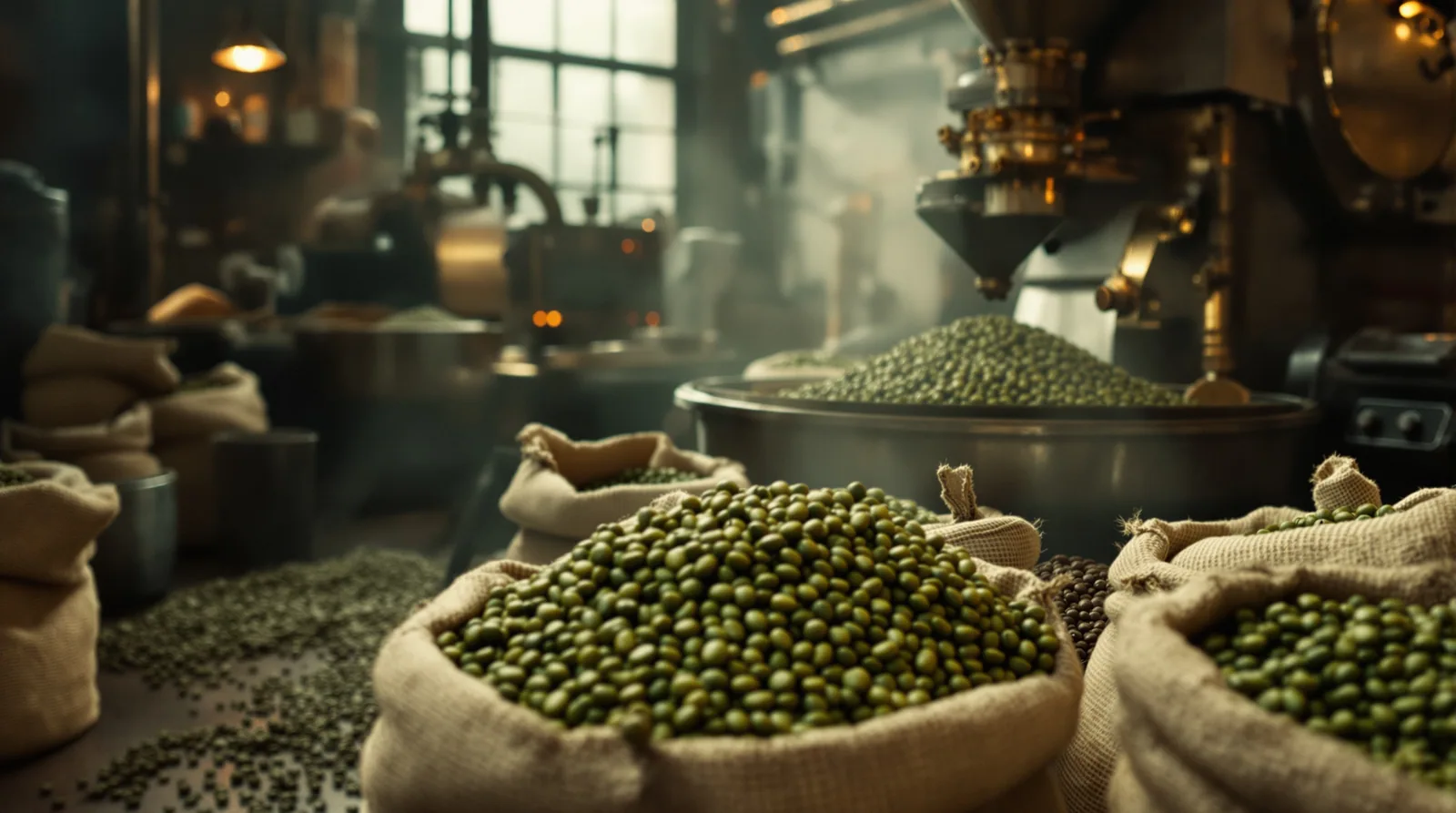 sacks of coffee beans in a rustic processing facility.