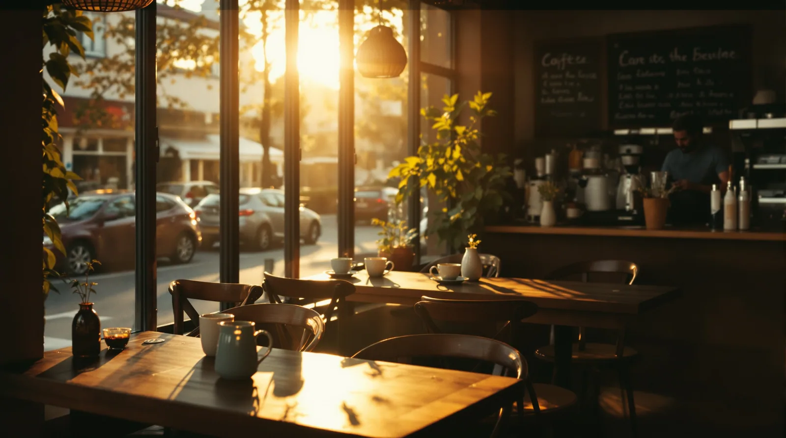 cafe with wooden tables and a barista serving coffee in golden light.