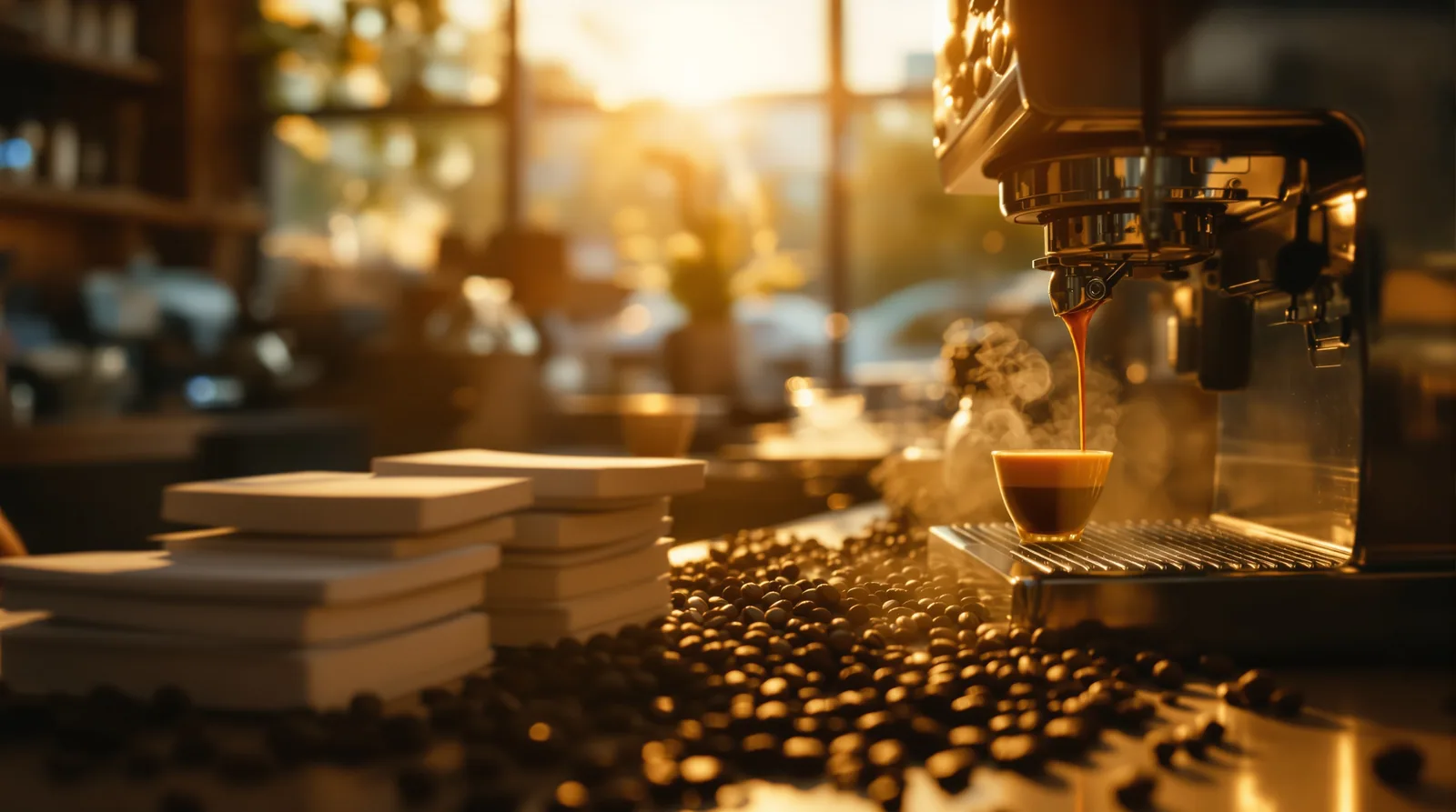 cafe counter with coffee contracts and espresso shot.