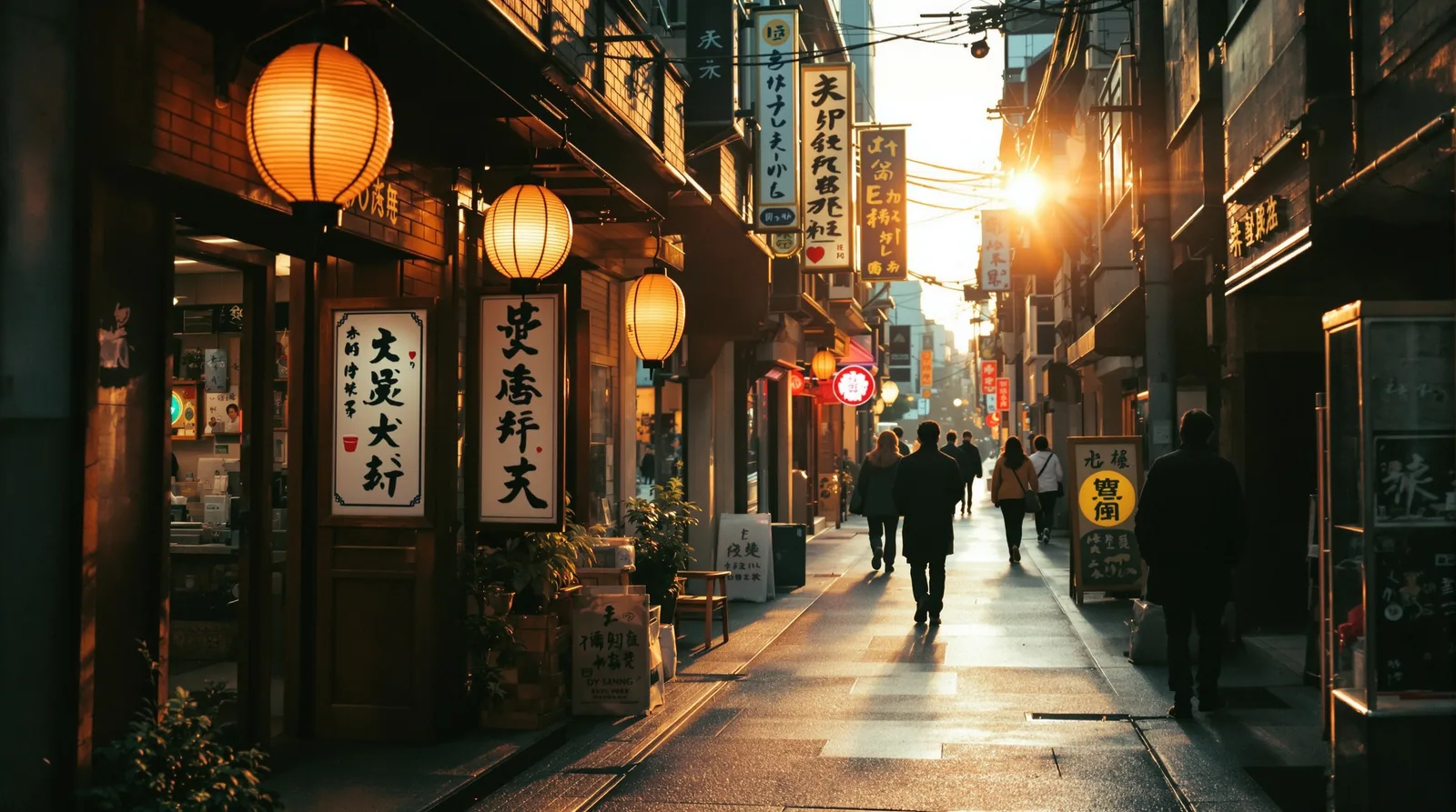 cinematic street scene in Tokyo, Japan at golden hour, specialty cafe in soft focus
