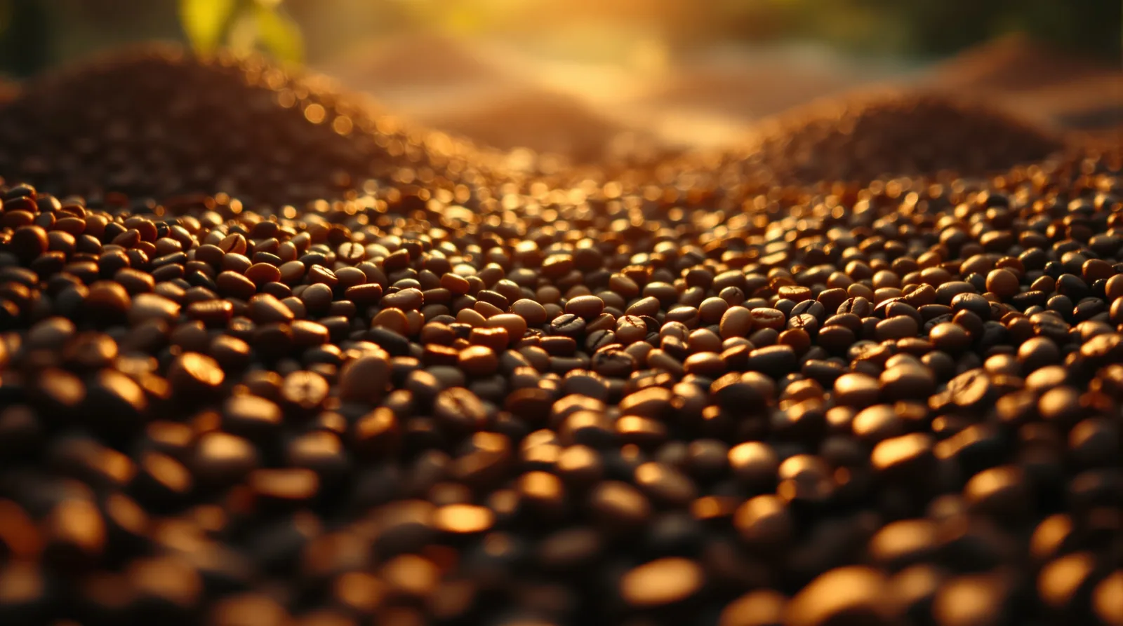 close-up of coffee beans drying on raised beds under golden-hour light.