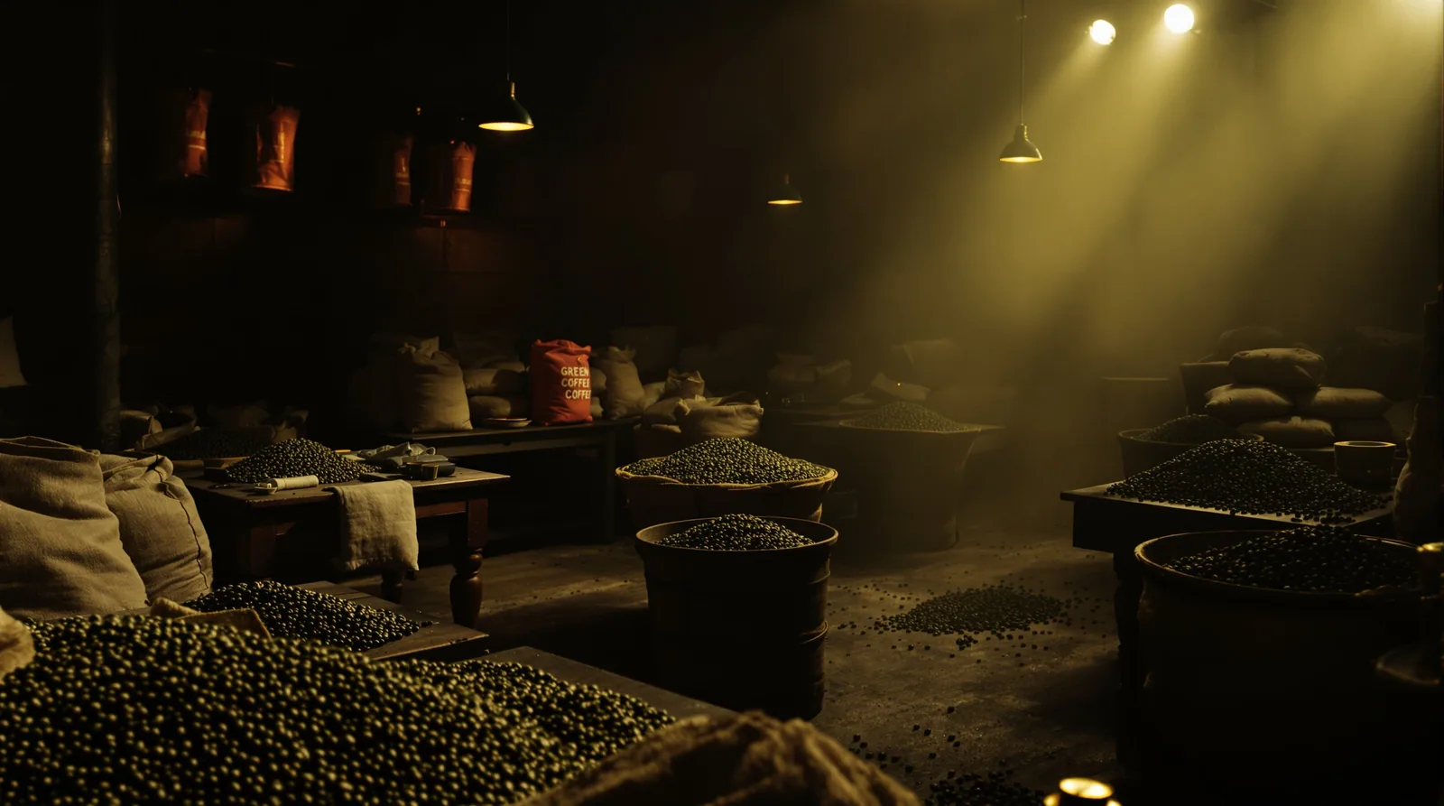 a dimly lit green coffee auction room with burlap sacks