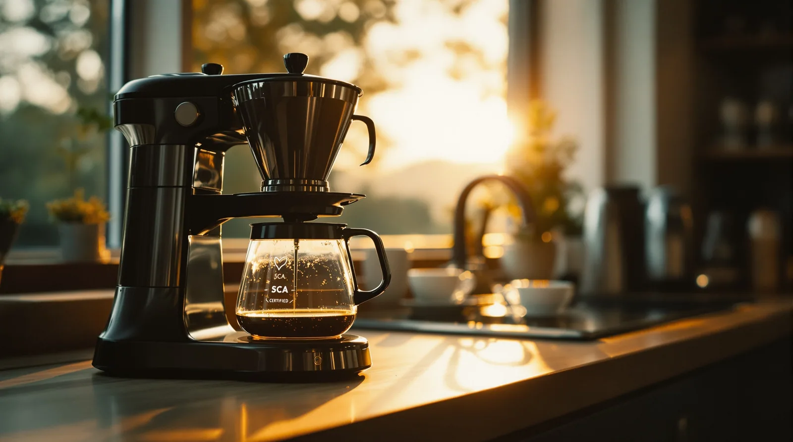 an elegant drip coffee maker on a wooden countertop in warm light.