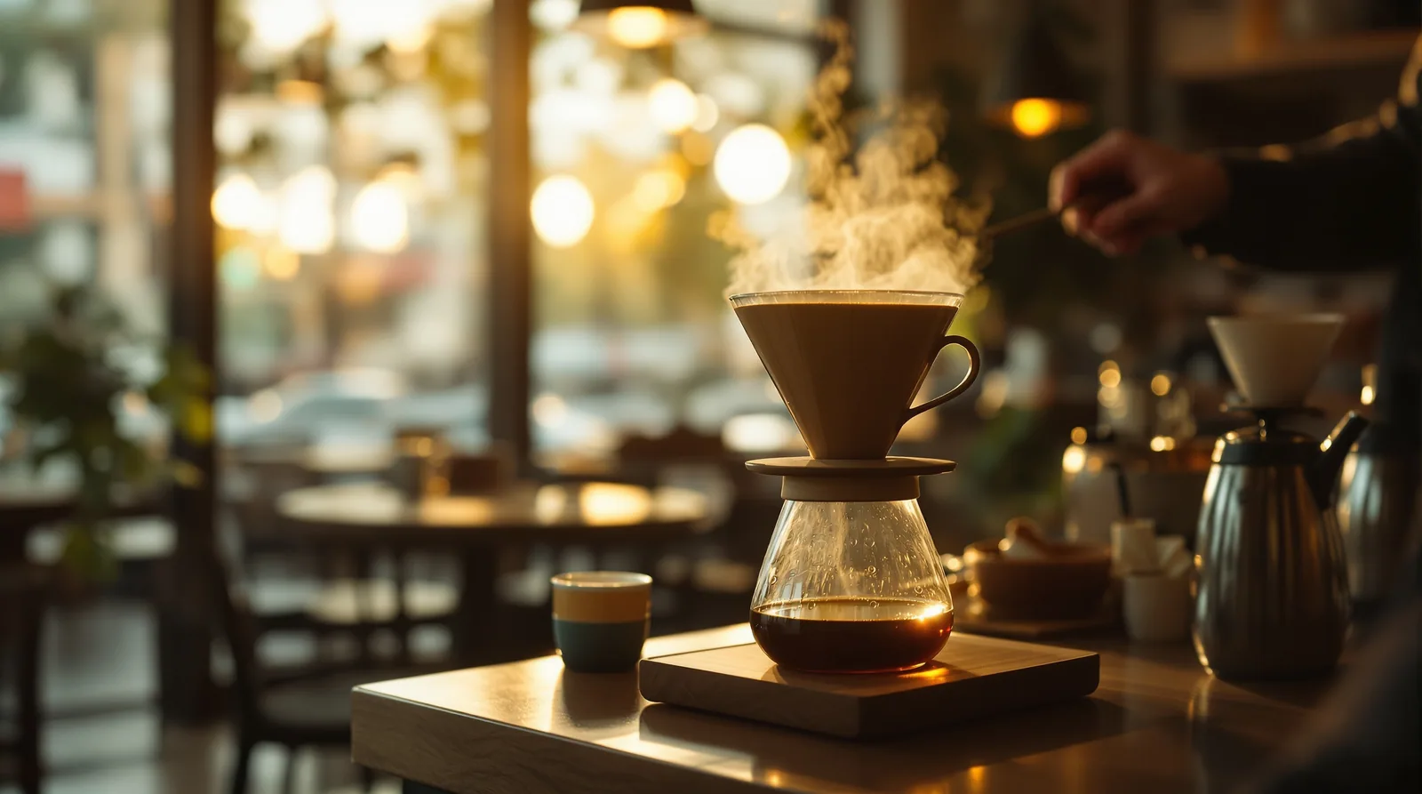 specialty coffee pour-over setup in cozy cafe, film grain.